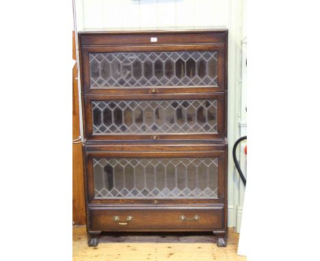 Oak Globe Wernicke style three height leaded glazed door stacking bookcase