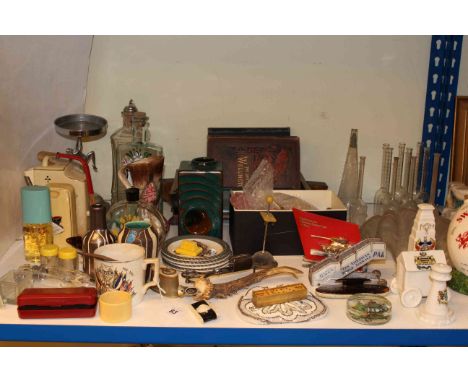 Crested china, glass measures, samples, book trough, books, china, glass and collectables