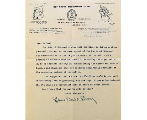 BADEN-POWELL, Robert (1857-1941) Founder of the Boy Scouts movement. Typed letter signed, 12th June 1920 on Boy Scouts Associ