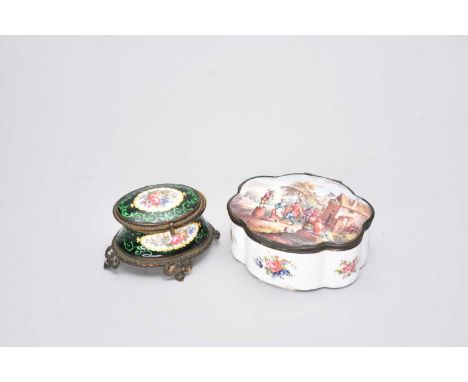 Two enamel boxes, Staffordshire and French19th centurythe first of lobed form, the cover painted with a scene of revelling vi