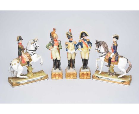 A group of Capodimonte and similar Napoleonic and other military figuresincluding Soult and Bessieres on horseback, 28cm high