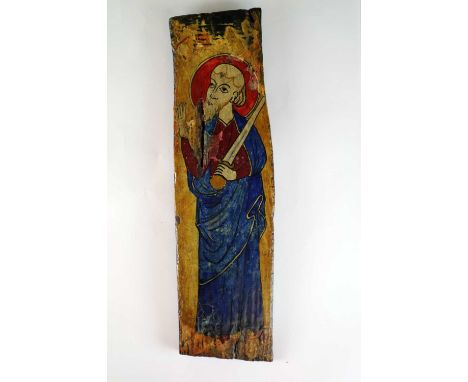 Continental School Christian Saint Icon in a blue robe, right hand held up and facing outwards, left hand holds a sword balan