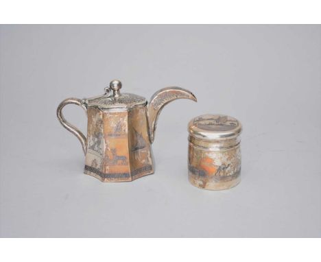 A white metal teapot and tea canister, with niello decoration depicting animals, boats and buildings, canister measures 7cm, 