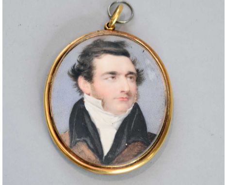 British School, early 19th century, miniature portrait of a gentleman, wearing a white stock and a brown jacket with black re