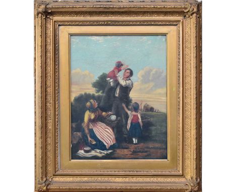 British Naive School (19th Century) a farming family lunching in a field, with haymaking in process beyond, oil on canvas, me