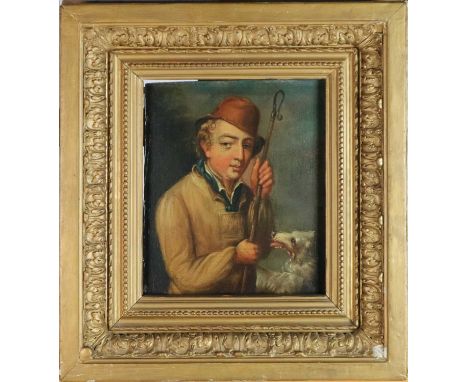 Naive School, 19th century, a portrait of a shepherd with his dog, oil on panel, 30 x 25cm, frame 51cm x 46.5cmCondition repo