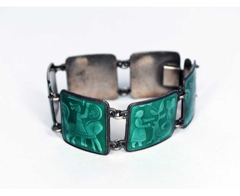 A Norwegian silver and enamel plaque bracelet by David Andersen, formed from six green enamel square plaque links depicting a