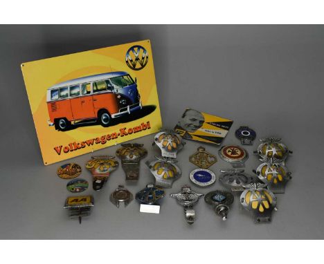 A collection of automobile association and other badges, including 15 AA fender/radiator badges 1950s-1970s and one inter-war