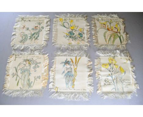 After Walter Crane, a set of six silks from 'Flora's Feast – A Masque of Flowers’, circa 1900, each painted in ink and waterc