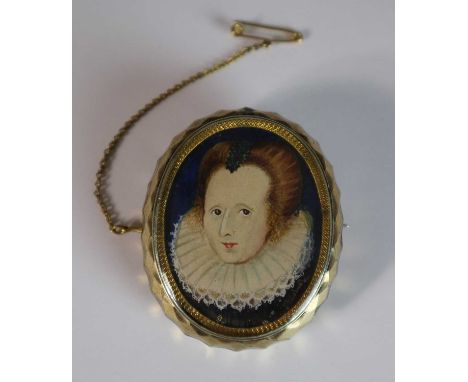 English School, circa 1900, portrait miniature of a 16th century lady, wearing a ruff and holding a flower in her right hand,