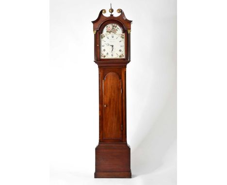 A George III mahogany, 30-hour longcase clock, the hood with a broken swan-neck pediment and freestanding Corinthian columns,