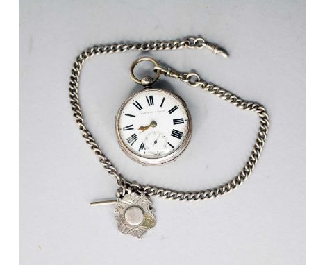 A silver open face pocket watch, the white enamel dial with black Roman numerals and subsidiary seconds dial, with attached s