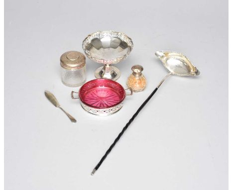 A small collection of silver, comprising; a two handled butter dish with cranberry glass liner and knife, a pedestal bon bon 