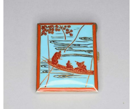 A silver gilt and enamelled cigarette case, import mark for Glasgow 1925, the orange and blue enamelled cover depicting four 