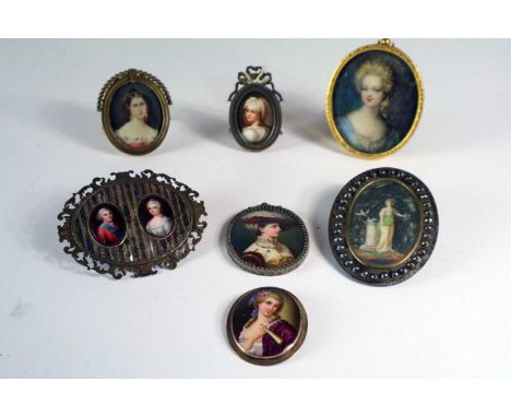 A collection of seven 19th century portrait miniatures. A double portrait possibly George III and Queen Charlotte, both weari