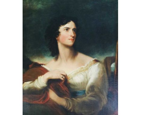 English School, 19th century, 1/2 portrait of a lady wearing a cream dress with a blue sash, looking to sinister, oil on canv