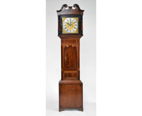 A George III oak and mahogany brass dial longcase clock, Joseph Brown of Worcester, the hood with swan neck pediment and plai