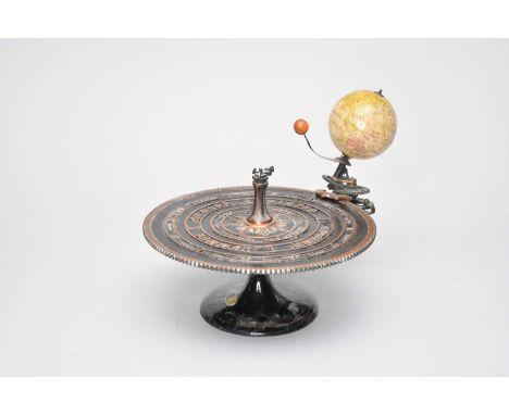 A late 19th century tellurian orrery by George Philip &amp; Son, circa 1880-90, the signed 3 inch globe mounted on a geared m