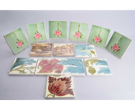 A collection of twenty seven English and one French tilecirca 1880-1910including two Doulton Lambeth Art Nouveau tile panels,