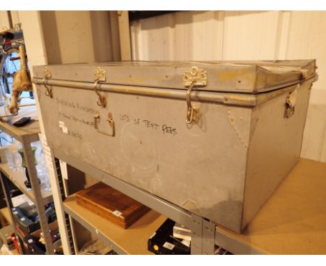 Large light steel galvanised chest with three hasps to the lid 100 x 56 x 54 cm 
