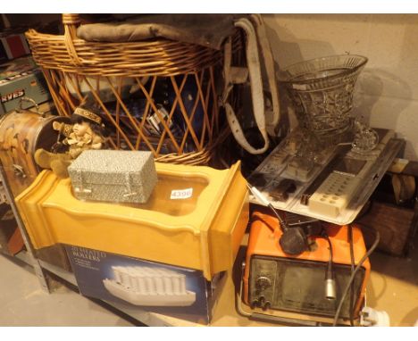 Mixed lot of household and collectable items wall clock heated rollers leather shorts electric sander small box of tools wine