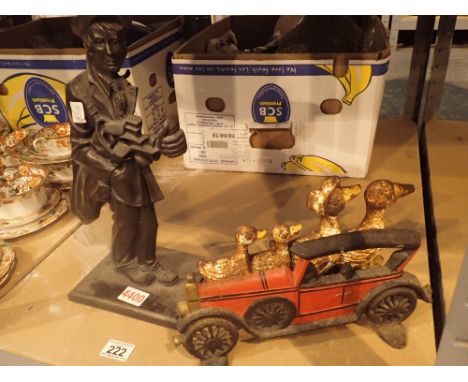 Two metal cast door stops a family of ducks a vintage car plus golf caddy fire compendium holder 