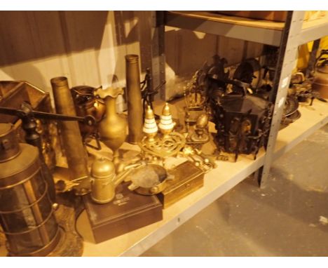 Good selection of brassware wrought iron wall light metal decorative figurines brass shell casings brass magazine holder triv