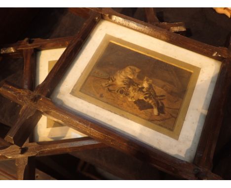 Pair of stick framed late 19thC cat and dog prints 10 x 8 cm