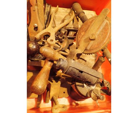 Collection of vintage tools Stanley no 4 plane Marples bench vice monitor blow torch three wooden planes two hand drills hole