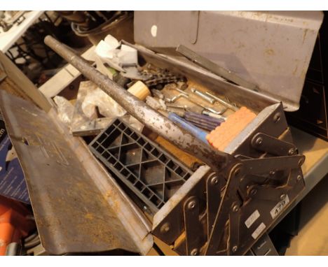 Folding metal tool box and contents a box of mixed tools with a roll of lead home tec steam cleaner sander blow torch scroll 