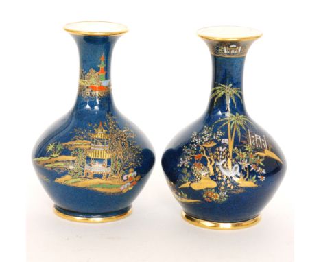 Wiltshaw and Robinson Carlton Ware - Two 1920s Art Deco vases of angular globe and shaft form, the first decorated in the New