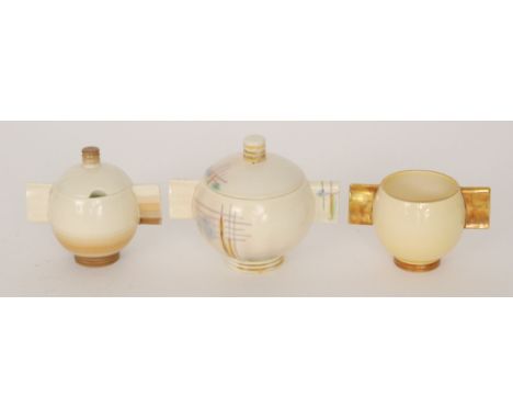 Carlton Ware - Two 1930s Art Deco Moderne shape preserve pots and covers, the first decorated in the Mirage pattern with a ha