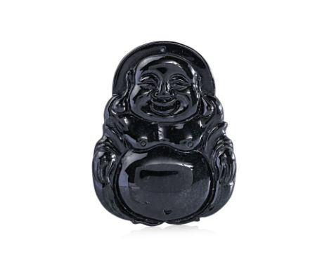 A TYPE A BLACK JADEITE 'LAUGHING BUDDHA' PENDANT
Featuring a type A jadeite carved laughing buddha measuring approximately 4.