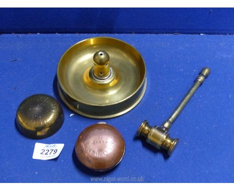 A Trench Art ashtray, 1900 snuff box for J. Lawrence, gavel and a small bowl.
