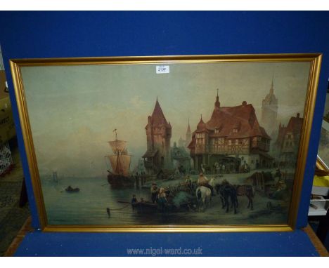 A large framed lithograph of a Harbour Scene, signed lower left W. Meyerheim, 36'' x 24'' including frame.