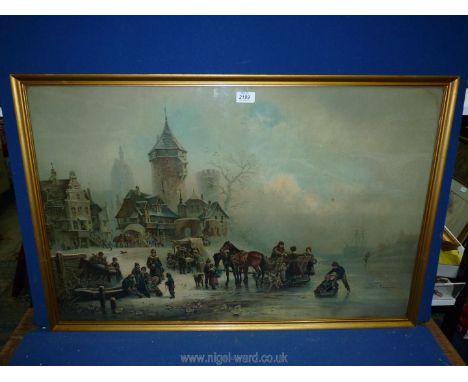 A large frame lithograph of a Winter Village Scene with children skating, feeding horse and loading carts, signed lower left 