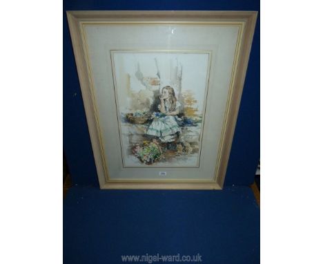 A large framed and mounted Watercolour of a young girl on a step selling flowers, signed lower right Gordon King, 26'' x 33 1