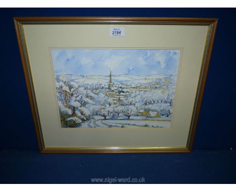 A framed and mounted Watercolour and ink painting, signed Evelyn Howson, label verso 'An Impression of Painswick in The Snow'