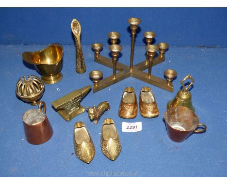A small quantity of brass and copper items including candle holder, ashtrays, anvil, Corgi etc.
