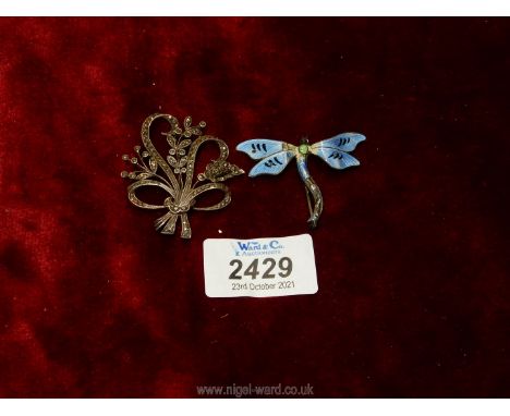 Two silver brooches in the form of a Dragonfly, enamel a/f and marquisette flower also a/f.