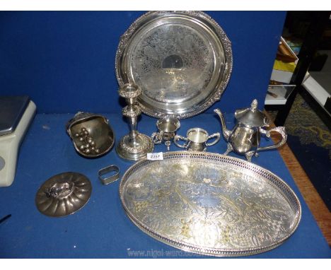 Miscellaneous silver plated items including a small coffee pot, sucrier &amp; milk jug, Walker &amp; Hall sugar scuttle, cand