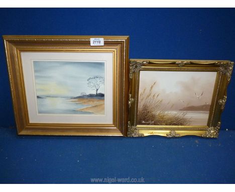 A framed unsigned watercolour of a seascape and an oil on canvas of a seascape with gulls, signed lower left.