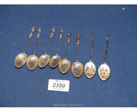A set of six silver Apostle spoons Birmingham 1896, together with two silver and enamel teaspoons Birmingham 1970, 71 grams.