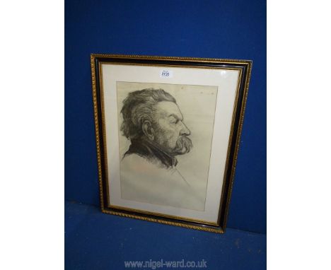 A charcoal portrait of a moustached man in a Hogarth frame.