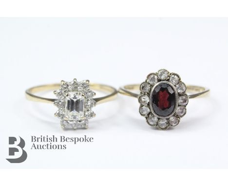 Two 9ct yellow gold garnet cluster ring, size O, approx 2.5 gms together with a 9ct white-stone ring size S approx 2.10 gms.&