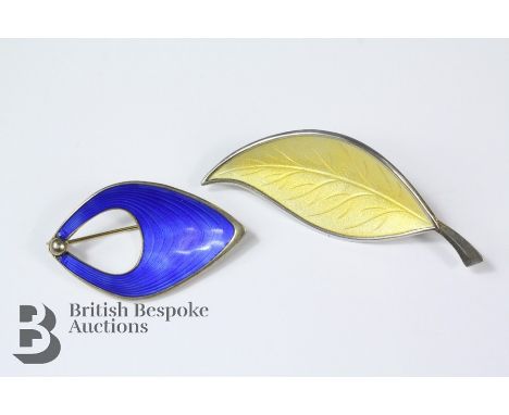 Scandinavian silver and enamel jewellery, including a yellow leaf brooch, mm BRDP (Bjorklund Copenhagen 1961-71) together wit