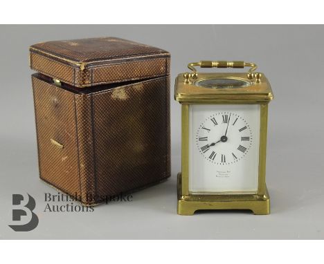 French brass carriage clock, white enamel face, Arabic dial, single barrel movement stamped SFRA, retailer Drayton &amp; Sons