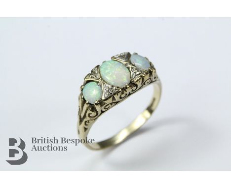 9ct yellow gold and opal ring, London hallmark, mm J &amp; J, size Q, approx 4.9 gms (slight wear to opals not noticeable to 