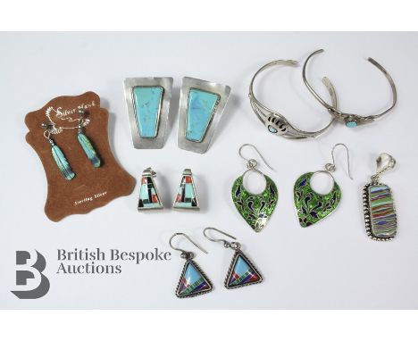Miscellaneous jewellery, including silver and enamel earrings, silver and vibrant enamel earrings, American sterling silver a