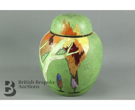 Carlton ware ginger jar and cover, approx 21 cms, Parkland pattern enamel painted tree silhouette against a celadon ground, a